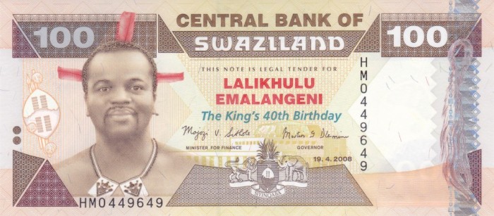 Bancnota Swaziland 100 Emalangeni 2008 - P34 UNC ( comemorativa )