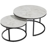 HOMCOM Set 2 Masute de Cafea care se Suprapun, Masute pentru Salon Rotunde din Metal si MDF Efect Marmura, Gri si Negru