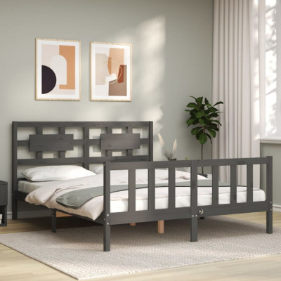 vidaXL Cadru de pat cu tăblie, gri, king size, lemn masiv foto