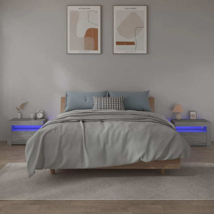 vidaXL Noptiere cu lumini LED, 2 buc., gri sonoma, 60x35x40 cm 3144973
