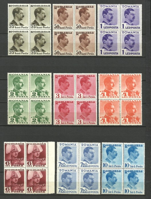 ROMANIA 1935 LP 112 REGELE CAROL II BLOCURI DE 4 TIMBRE MNH