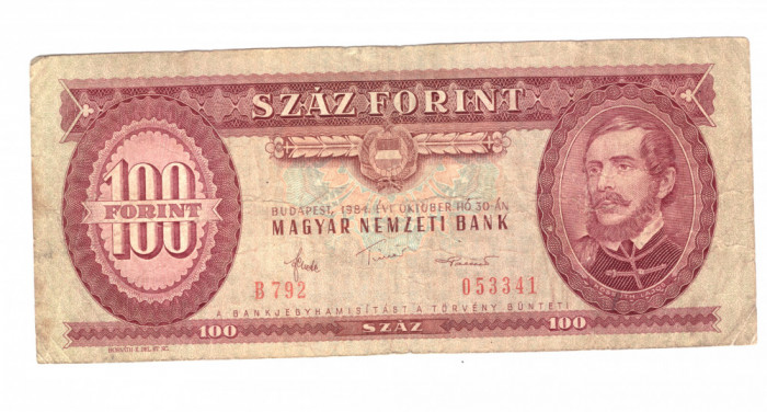 Bancnota Ungaria 100 forinti 30 octombrie 1984, circulati, stare buna