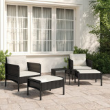 Set 5 piese sezlonguri gradina vidaXL, poliratan negru cu perne albe, scaune, taburete, masuta cafea