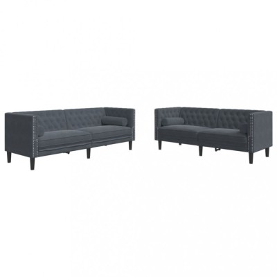 Set canapele Chesterfield cu perne rulou, 2 piese, gri, catifea foto