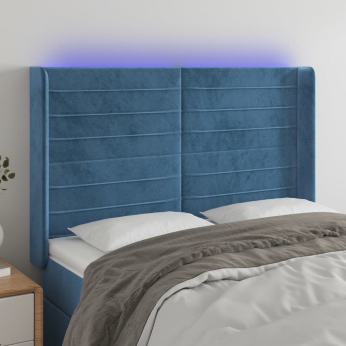 vidaXL Tăblie de pat cu LED, albastru &icirc;nchis, 147x16x118/128cm catifea 3124240