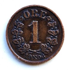 Norvegia 1 ORE 1906 moneda din bronz km # 361