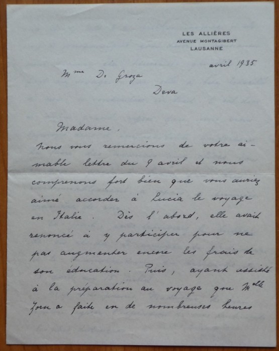 2 scrisori ale lui Pollen es Zorn catre Ana Groza, Lausanne, 1934 si 1935