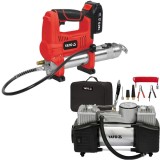 Yato YT-07020 + YT-73462 - Masina de gresat cu 1 acumulator Li-Ion 18 V 3 Ah 620 bar + Compresor auto 60 l/min 10 bar accesorii
