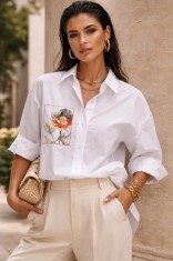 Camasa dama alba din bumbac cu imprimeu bujor multicolor