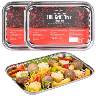 Set 2 tavi BBQ din otel inoxidabil Navaris, 34x24 cm, cu gauri de ventilatie, NAV000038EP001C foto