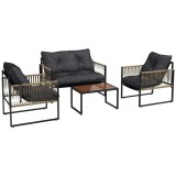 Outsunny Set de Mobilier de Grădină din 4 Piese PE Rattan cu Canapea Dublă, Fotoliu, Măsuță de Cafea din Sticlă, 106x70x72 cm, Gri