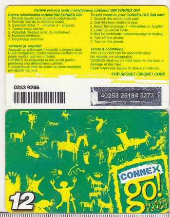 bnk card Romania - Connex - reincarcare Go! 12 - RO-CON-REF-0020D