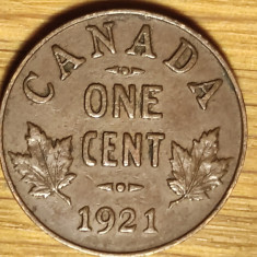Canada - moneda de colectie bronz - 1 cent 1921 XF+ - George V - greu de gasit!