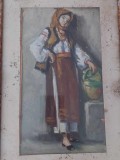 Tablou vechi cu pictura pe carton Tarancuta cu ulcior-Grigorescu ,repictata si semnata,pictura veche semnata 33,22,5 cm-pictura propriuzisa 24,5/14 cm, Lemn, Dreptunghiular