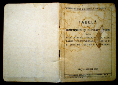 O.136 UZINELE DE FIER SI DOMENIILE DIN RESITA S.A. TABELA DE DIMENSIUNI 1929 foto