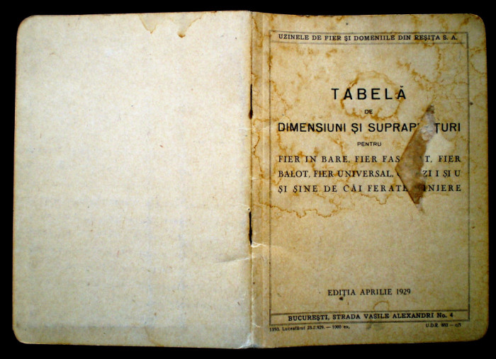 O.136 UZINELE DE FIER SI DOMENIILE DIN RESITA S.A. TABELA DE DIMENSIUNI 1929