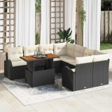 Cumpara ieftin Set de dining pentru grădină din 9 piese cu perne, negru, poli rattan și acacia