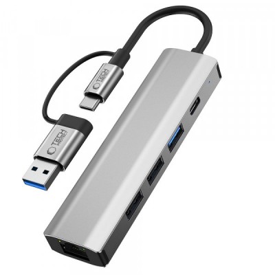 Hub USB / USB-C Tech-Protect HB03, 1 x USB-A 3.0 - 2 x USB-A - 1 X USB-C - 1 x RJ45, Gri foto