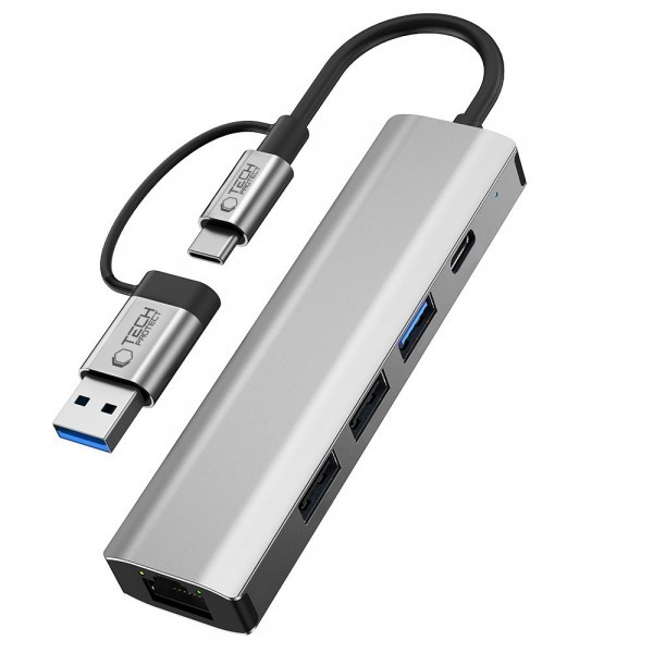 Hub USB / USB-C Tech-Protect HB03, 1 x USB-A 3.0 - 2 x USB-A - 1 X USB-C - 1 x RJ45, Gri
