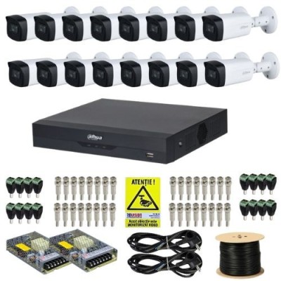 Kit supraveghere complet Dahua 16 camere 5MP IR 80m Starlight Lentila 3.6mm, DVR 16 canale 4K 8MP WizSense, accesorii + Autocolant Rovision SafetyGuar foto