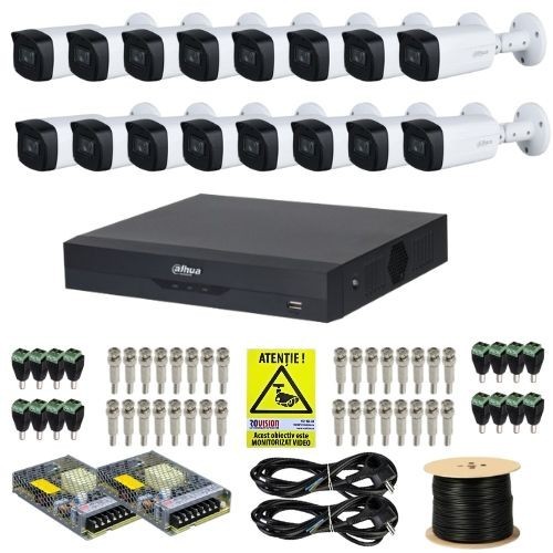 Kit supraveghere complet Dahua 16 camere 5MP IR 80m Starlight Lentila 3.6mm, DVR 16 canale 4K 8MP WizSense, accesorii + Autocolant Rovision SafetyGuar
