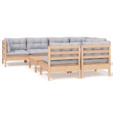 Set mobilier de gradina cu perne gri, 8 piese, lemn masiv pin