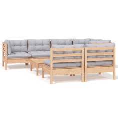 Set mobilier de gradina cu perne gri, 8 piese, lemn masiv pin