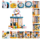 Jucarie Montessori din Lemn Multifunctionala, Cub Educational cu Activitati Multiple pentru Motricitate si Invatare