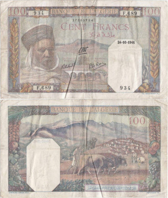 1941 ( 24 X ) , 100 francs ( P-85a.13 ) - Algeria foto
