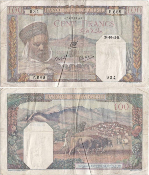 1941 ( 24 X ) , 100 francs ( P-85a.13 ) - Algeria