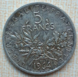 (A422) MONEDA DIN ARGINT FRANTA - 5 FRANCS 1964, SEMANATOAREA, 12 GRAME, AG 835