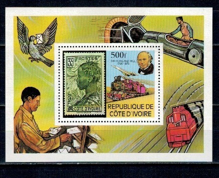 Cote Divoire 1985 - Rowland Hill, timbru pe timbru, locomotive, trenuri, colita neuzata