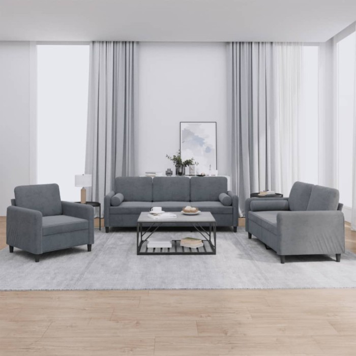 vidaXL Set canapea cu perne, 3 piese, gri &icirc;nchis, catifea 3201955