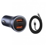 Incarcator auto, Baseus Golden Contactor Pro, Quick Charger, 2 x USB, 12V-24V, 40W, Gri, + Cablu Baseus USB la Lightning, 0.5 m, 2.4A, Negru pentru Ip