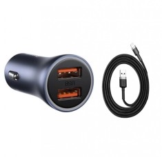 Incarcator auto, Baseus Golden Contactor Pro, Quick Charger, 2 x USB, 12V-24V, 40W, Gri, + Cablu Baseus USB la Lightning, 0.5 m, 2.4A, Negru pentru Ip