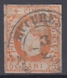 ROMANIA 1869 LP 25 REGELE CAROL I CU FAVORITI 5 BANI PORTOCALIU STAMPILAT BUCURESTI