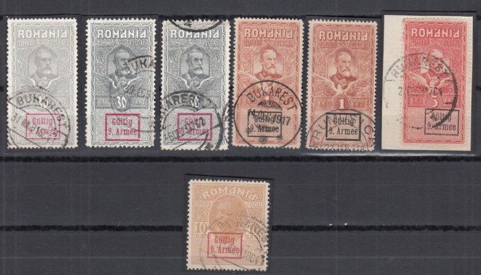 ROMANIA 1918 TIMBRE FISCALE SUPRATIPAR GULTIG 9 ARMEE SERIE CU VARIETATE STAMP.