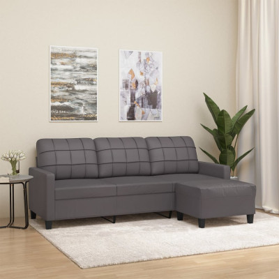 vidaXL Canapea cu 3 locuri și taburet, gri, 180 cm, piele ecologică foto