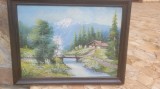 Tablou vintage, Peisaj montan, ulei pe carton, nesemnat