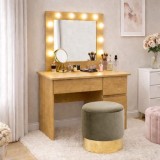 Masa de toaleta/machiaj, Irina, stejar + taburet, bej, cu oglinda si LED-uri, 94x43x141 cm GartenVIP DiyLine