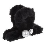 Clamă de păr cu blană artificială neagră, mărgea albă și piatră, 9.5 cm, CMCLASS