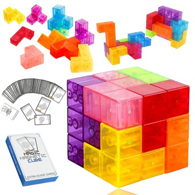 Cub magnetic Magic 3D, set Blocuri de constructie STEM, cu 7 blocuri magnetice/ forme multiple, cu 54 carti de ghidare, dezvoltarea inteligentei, Dezv foto