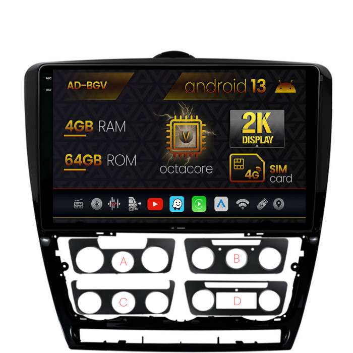 Navigatie Skoda Octavia 2, Android 13, V-Octacore 4GB RAM + 64GB ROM, 10.36 Inch - AD-BGV10004+AD-BGRKIT048v2