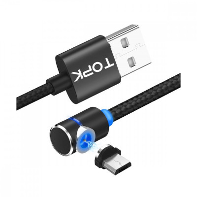 Cablu magnetic incarcare telefone mobile, TOPK, LED, lungime 1m, 2.4A USB la Micro USB, unghi 90 grade, rotatie 360, negru foto