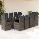 Set bistro de grădină cu perne, 11 piese, gri, poliratan