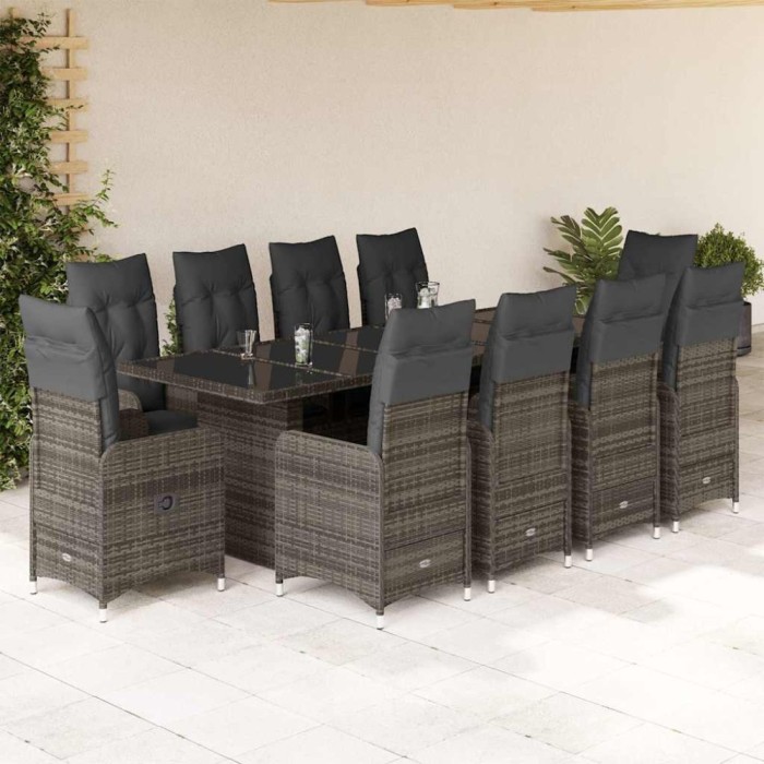 Set bistro de grădină cu perne, 11 piese, gri, poliratan
