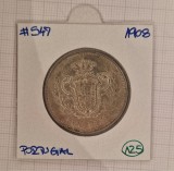 Portugal ,Portugalia, 500 reis 1908, Argint, KM#547, Manuel II, stare buna, Europa