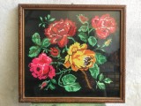 arta / design / vintage - Tablou goblen / cusatura flori in rama de lemn !