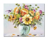 Tablou vaza cu floarea soarelui pictat manual, 50x40cm ulei pe panza in cutit, Valentin Pop