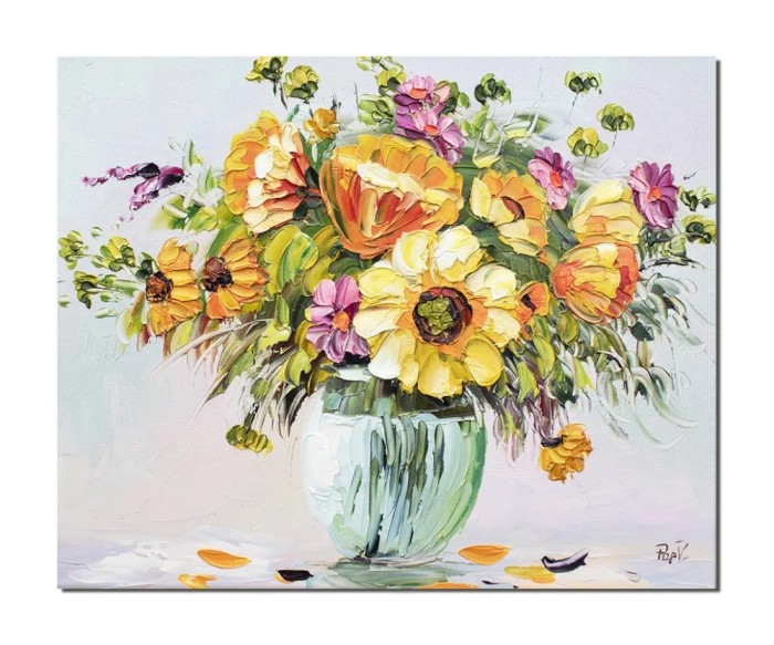 Tablou vaza cu floarea soarelui pictat manual, 50x40cm ulei pe panza in cutit, Valentin Pop